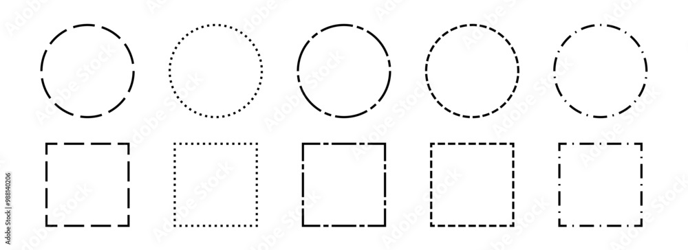 Aufkleber Black dashed frame collection. Dashed outline circle and square border set. Geometric dotted rectangular and round shape pack. Outline cut out element design bundle for poster, banner, flyer. Vector