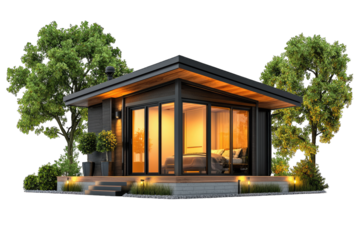 Modern house design surrounded by greenery, featuring large windows and stylish architecture, perfect for contemporary living.