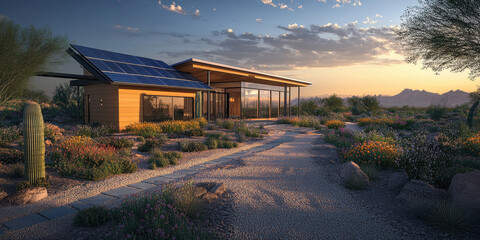 Obraz premium Modern Split-Level Homes with Solar Panels. Eco-Friendly Architecture in California and Arizona, Showcasing Sustainable Living Amidst Stunning Landscapes and Sunlit Environments.