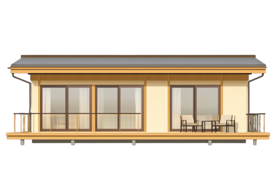 Modern house exterior design featuring large windows, wooden elements, and a welcoming porch for relaxation and enjoyment.