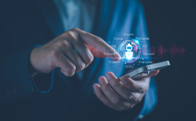 AI Translate languages technology concept, business man use AI translate multi language through application on smartphone, translate language from AI, Artificial Intelligence