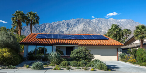 Obraz premium Modern Split-Level Homes with Solar Panels. Eco-Friendly Architecture in California and Arizona, Showcasing Sustainable Living Amidst Stunning Landscapes and Sunlit Environments.