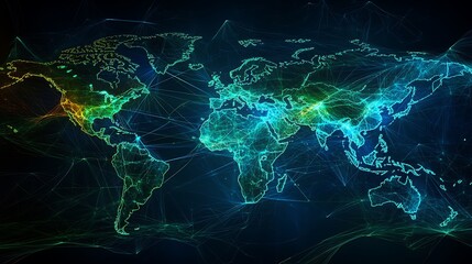 Glowing Digital World Map with Interconnected Lines Representing Global Networks