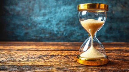 Hourglass on Rustic Wooden Table with Teal Background