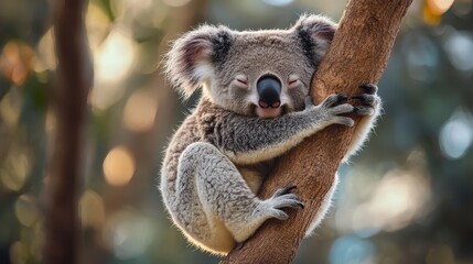 Naklejka premium Adorable Koala Bear Hugging Tree Trunk in Australian Bush