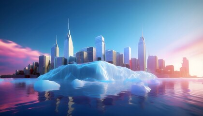 A melting glacier with a business city skyline in the background. Visualizing climate change.