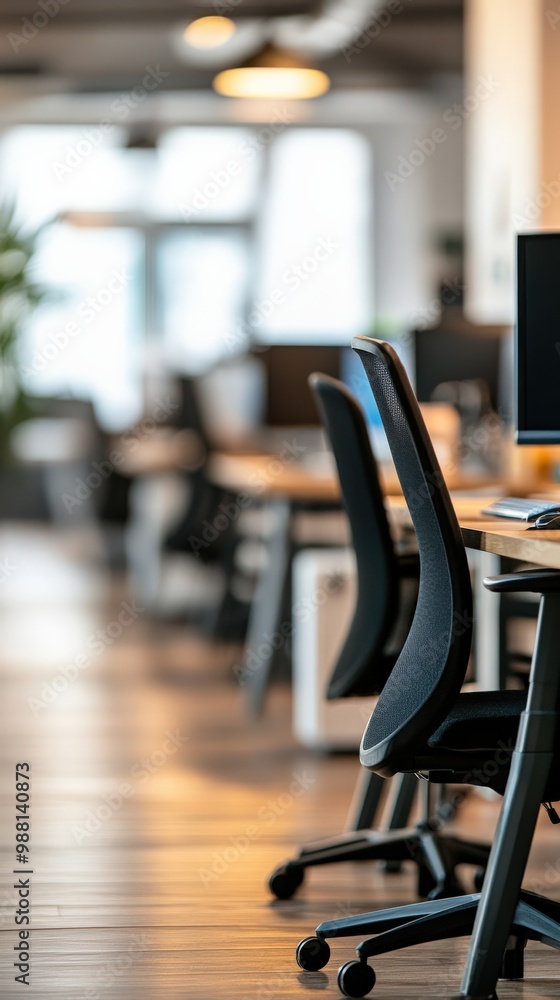 Poster blurred modern office space with desks and computers