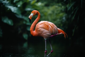Pink Flamingo Standing in Water with Green Background