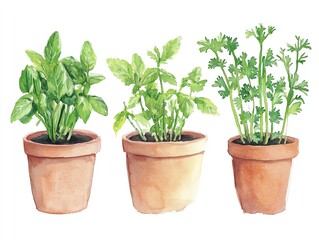 Obraz premium Watercolor Herb Pots Potted basil, parsley, and cilantro