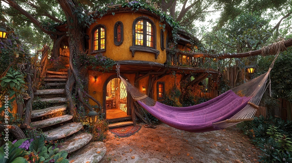 Poster magical treehouse with hammock and stone steps