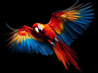 Fototapeta premium Scarlet macaw parrot in flight isolated transparent background