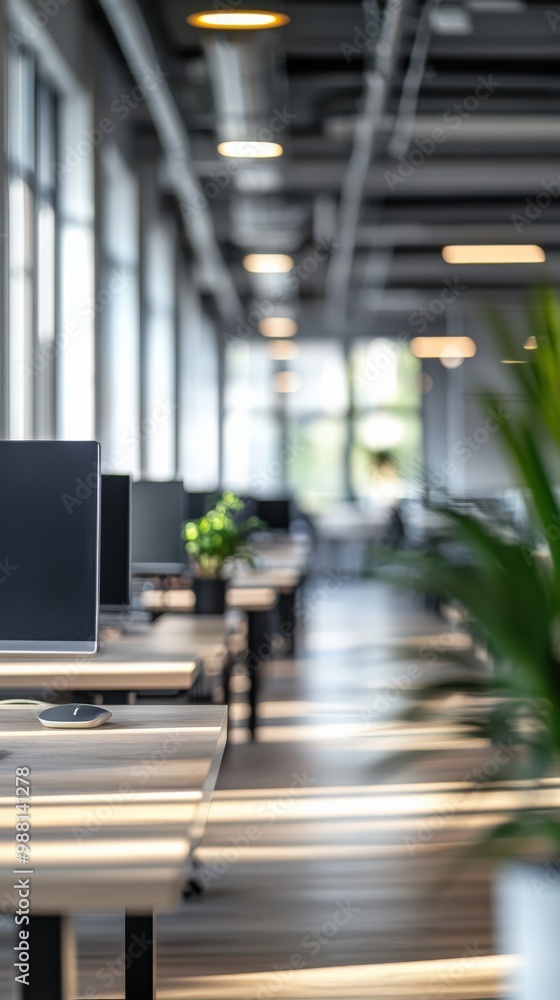 Poster blurred modern office space with desks and computers