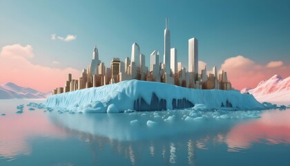 Fototapeta premium A melting glacier with a business city skyline in the background. Visualizing climate change.