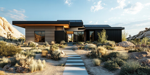 Fototapeta premium Modern Split-Level Homes with Solar Panels: Eco-Friendly Architecture in California and Arizona, Showcasing Sustainable Living Amidst Stunning Landscapes and Sunlit Environments.