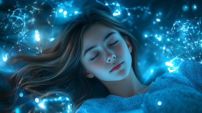 Dreaming woman, surrounded by glowing neural networks and energy waves, symbolizing deep mental processes and cognitive growth through sleep