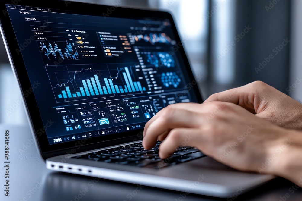 Poster a close-up of hands typing on a sleek laptop, with data and charts on the screen, representing digit