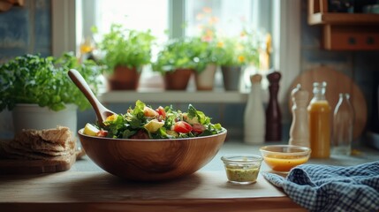 Freshly Prepared Vegetable Salad with Healthy Ingredients on a Rustic Kitchen Table