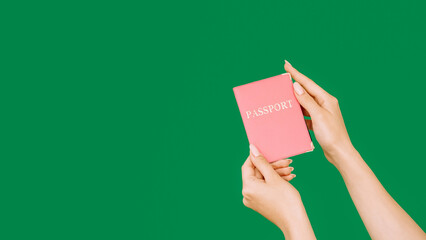 International passport. Visa service. Personal identification. Female hands holding ID document in...