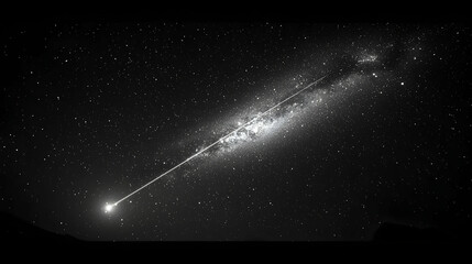A black and white night sky with scattered stars, where one glowing green shooting star streaks across the horizon