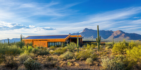 Obraz premium Modern Split-Level Homes with Solar Panels: Eco-Friendly Architecture in California and Arizona, Showcasing Sustainable Living Amidst Stunning Landscapes and Sunlit Environments.
