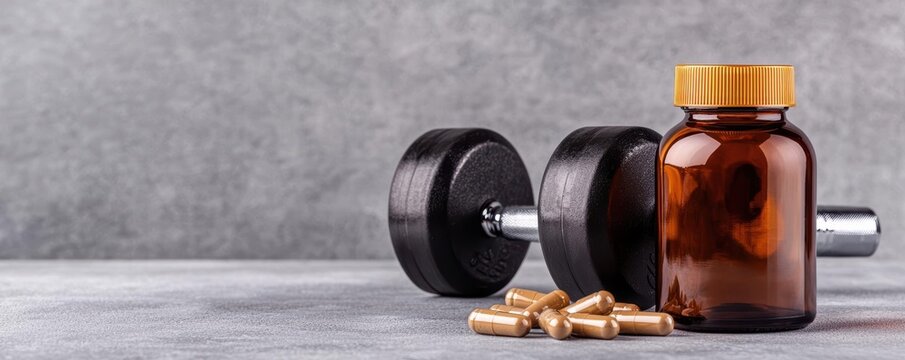 Dumbbell, bottle with supplements, and capsules on a textured surface.
