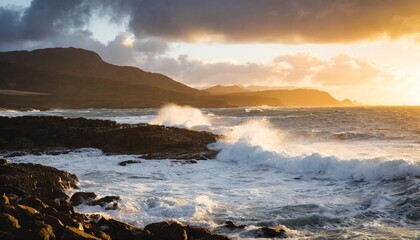 Fototapeta premium Dramatic Seascape with Waves Crashing Against Rocky Shoreline During Sunset