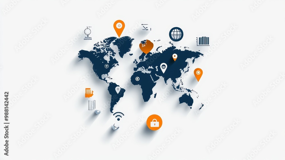 Poster world map with search icons representing international search trends, showing global connectivity an