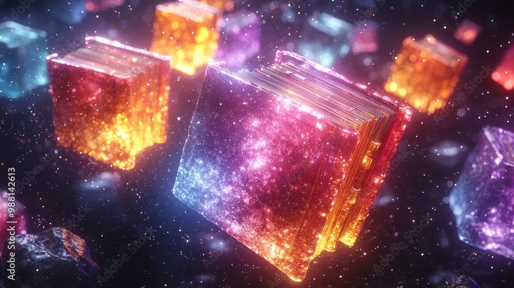 Poster glowing book abstract background with sparkles and dust