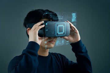 AI人工知能技術と機械学習を使用したVRヘッドセットを装着した人物。インタラクティブ技術。イノベーションとスマートテクノロジー。|Person wearing VR headset with AI artificial intelligence technology and machine learning. Interactive technology. Innovation and smart