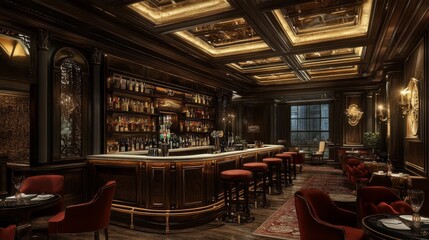Fototapeta premium A luxurious, dimly lit bar featuring an ornate wooden counter, plush red seating, and an elegant atmosphere.