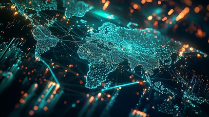 Glowing Digital World Map with Interconnected Lines Representing Global Networks