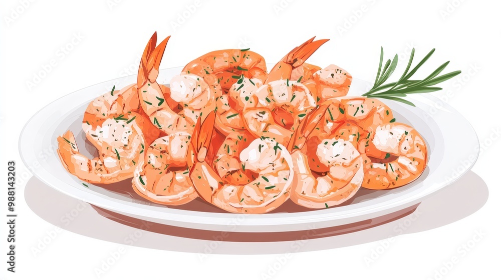 Poster a clean 2d vector illustration of a plate with grilled shrimp, designed with smooth lines and minima