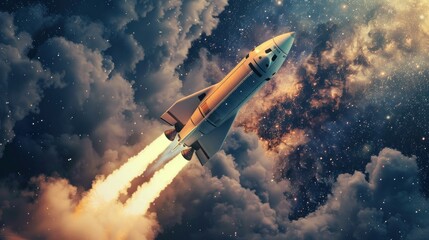 Rocket taking off with neon lights background AI generated image