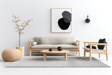 A Scandinavian-style living room, with light wood furniture, a cozy rug, and minimalist wall art