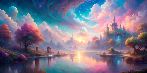 Obraz premium Mystic fantasy landscape with a castle and a lake