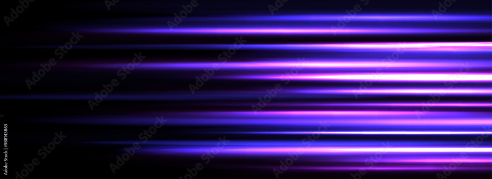 Poster neon glowing horizontal stripes background. bright purple speed light effect. magic trail flare line