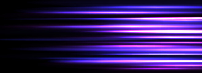 Neon glowing horizontal stripes background. Bright purple speed light effect. Magic trail flare lines texture. Luminous laser beams and rays wallpaper design. Futuristic neon streaks backdrop. Vector
