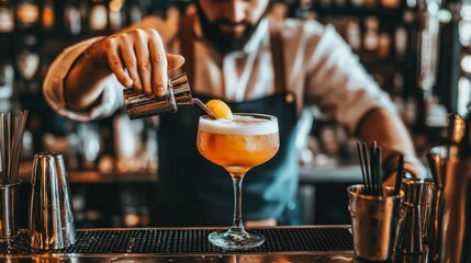 A bartender skillfully prepares a cocktail, showcasing mixology in a vibrant bar setting, illuminated by soft lighting and filled with bar tools.