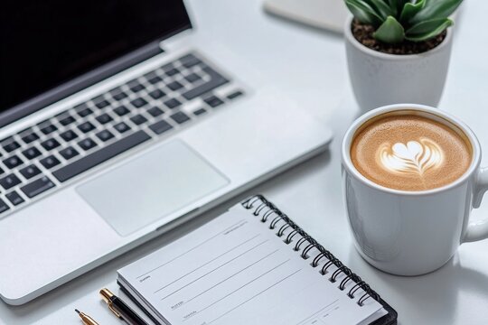 A clean and organized desk with a laptop, planner, and coffee cup, ready for a productive day of work