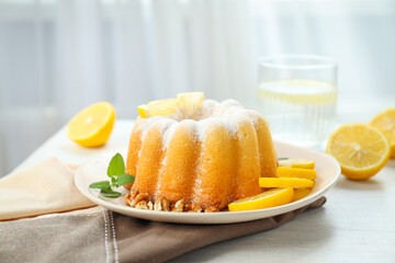 Tasty bake food concept - delicious lemon cake