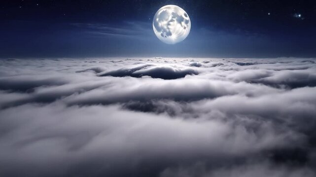 dream of flying over the clouds with full moon light on the background
