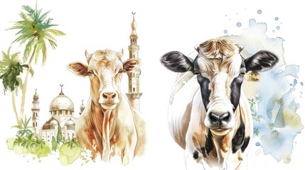 Eid al-Adha Celebration with Cows and Mosque