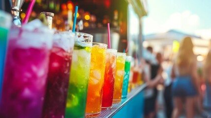 A vibrant display of colorful cocktails lined up, showcasing refreshing drinks filled with ice and garnishes, perfect for summer gatherings.