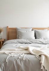 Cozy and Chic: Minimalist Boho Bedroom with a Wooden Headboard and Fringed Throw