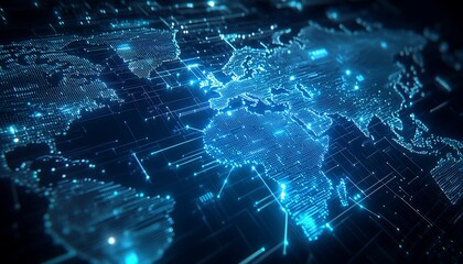 Digital Wireframe World Map with Flowing Lines and Global Connectivity