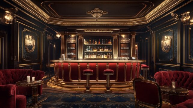 A luxurious, elegantly designed bar featuring red velvet seating, ornate detailing, and a polished wooden counter, evoking a sophisticated atmosphere.
