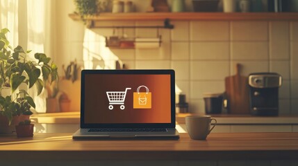 Online Shopping Experience on Laptop in Cozy Kitchen