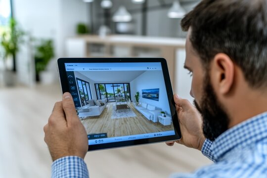 A close-up of a real estate agent&acirc;&euro;&trade;s tablet, showing a digital property listing with floor plans and virtual tours