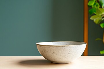 A close-up of a simple ceramic bowl, placed on a minimalist dining table with no other decor