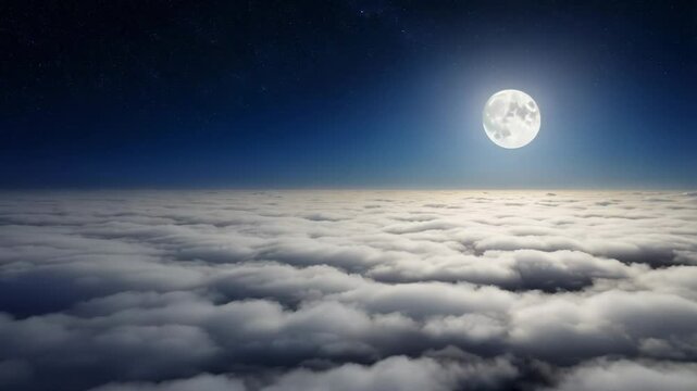 dream of flying over the clouds with full moon light on the background
